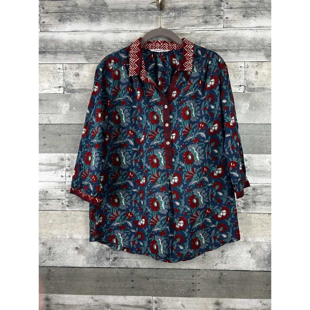 Cotton World Women's Large 3/4 Sleeve Button Up Floral Blouse